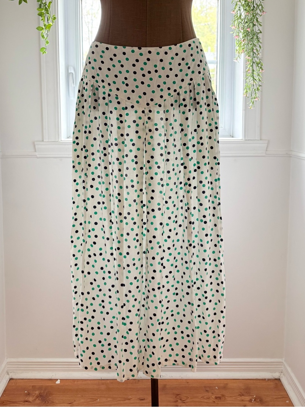 White Maxi Skirt with Black & Green Polka Dots